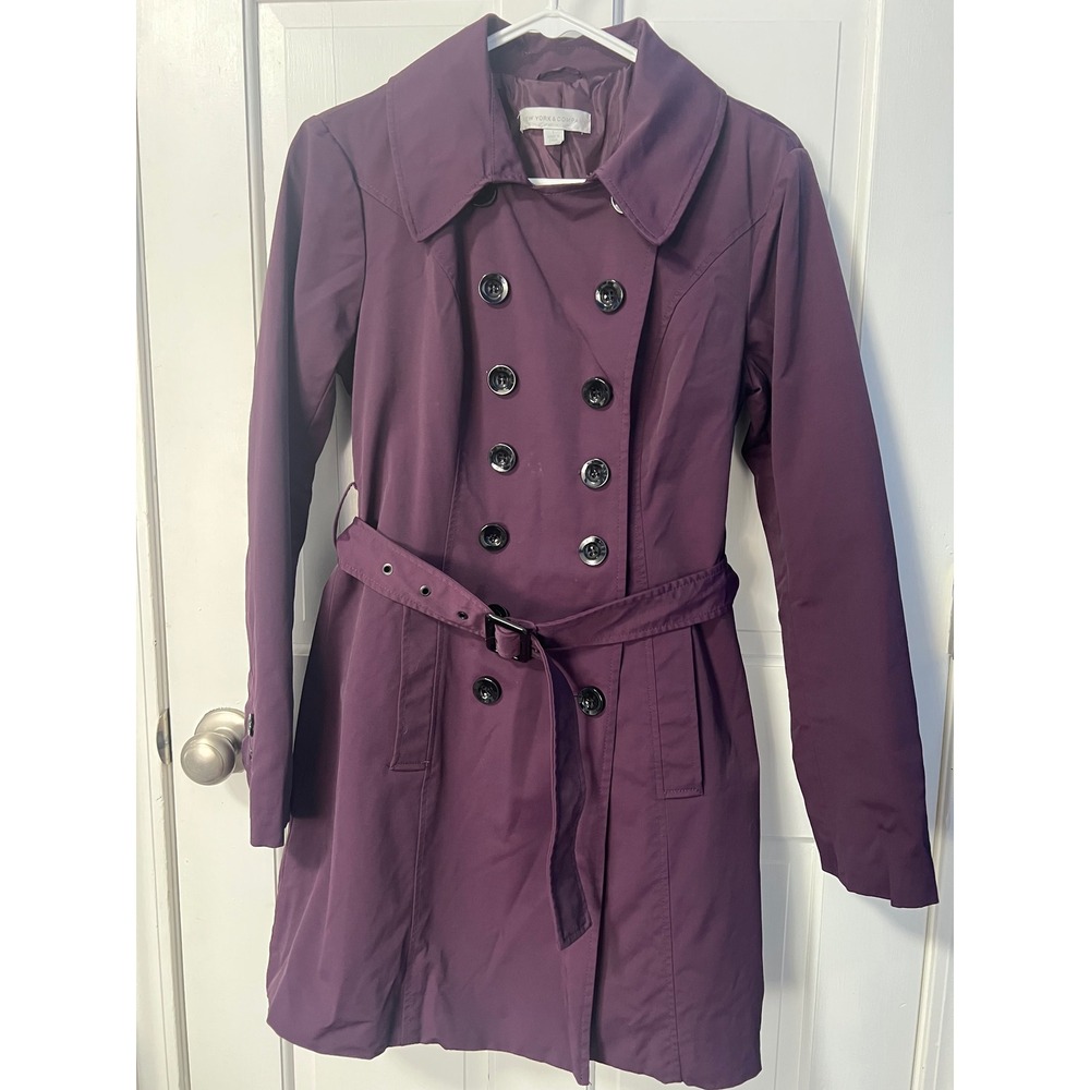New York & Company Plum Purple Double Breasted Trench Coat Belted Womens Small - Picture 2 of 9